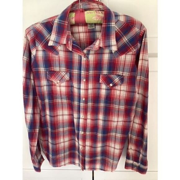 Wrangler Wrancher Womens Plaid Button Down Shirt Top Sz L Pearl Snap Buttons - Picture 1 of 8